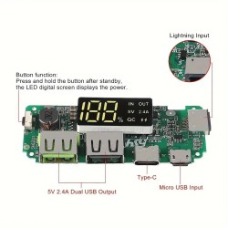Kettős USB 5V 2.4A Power Bank Töltő Modul 18650 Akkumulátorhoz - Micro, Type-C és iPhone Támogatással