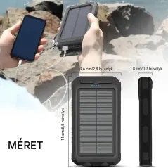 Power bank 8000 mAh-s napelemes, kettős LED-es zseblámpával